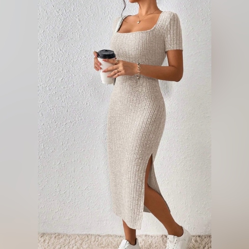 Autumn Frenchy Ribbed Slim Fit High Split Square Neck Sweater Dress